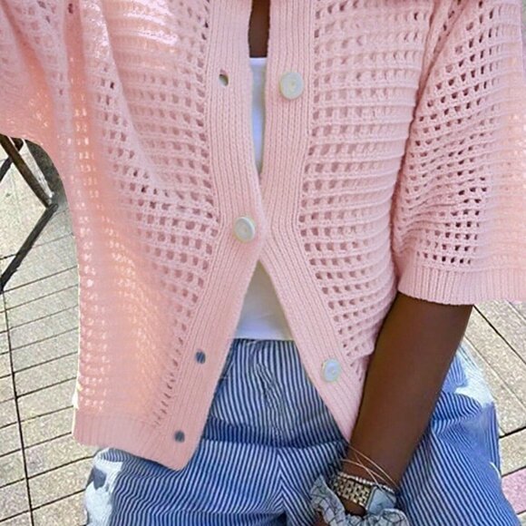 Pink Casual Women's Round Neck Short Sleeved Hollow Knitted Cardigan - Picture 1 of 9